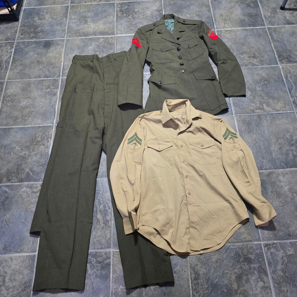 USMC Alpha Service Uniform Men 31R Green Wool Jacket pants Khaki Shirt Set